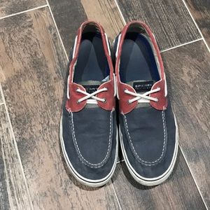 Red and blue Sperry boat shoe.